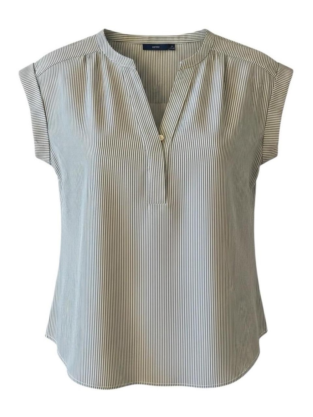Apt. 9 Black and White Vertical Pinstripe Cap-Sleeve Split-Neck Blouse